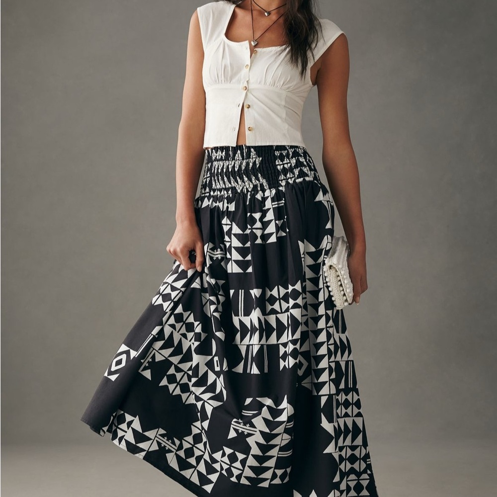 Anthropologie Smocked Yoke Black & White Patterned A-Line Skirt, Sz XS, EUC